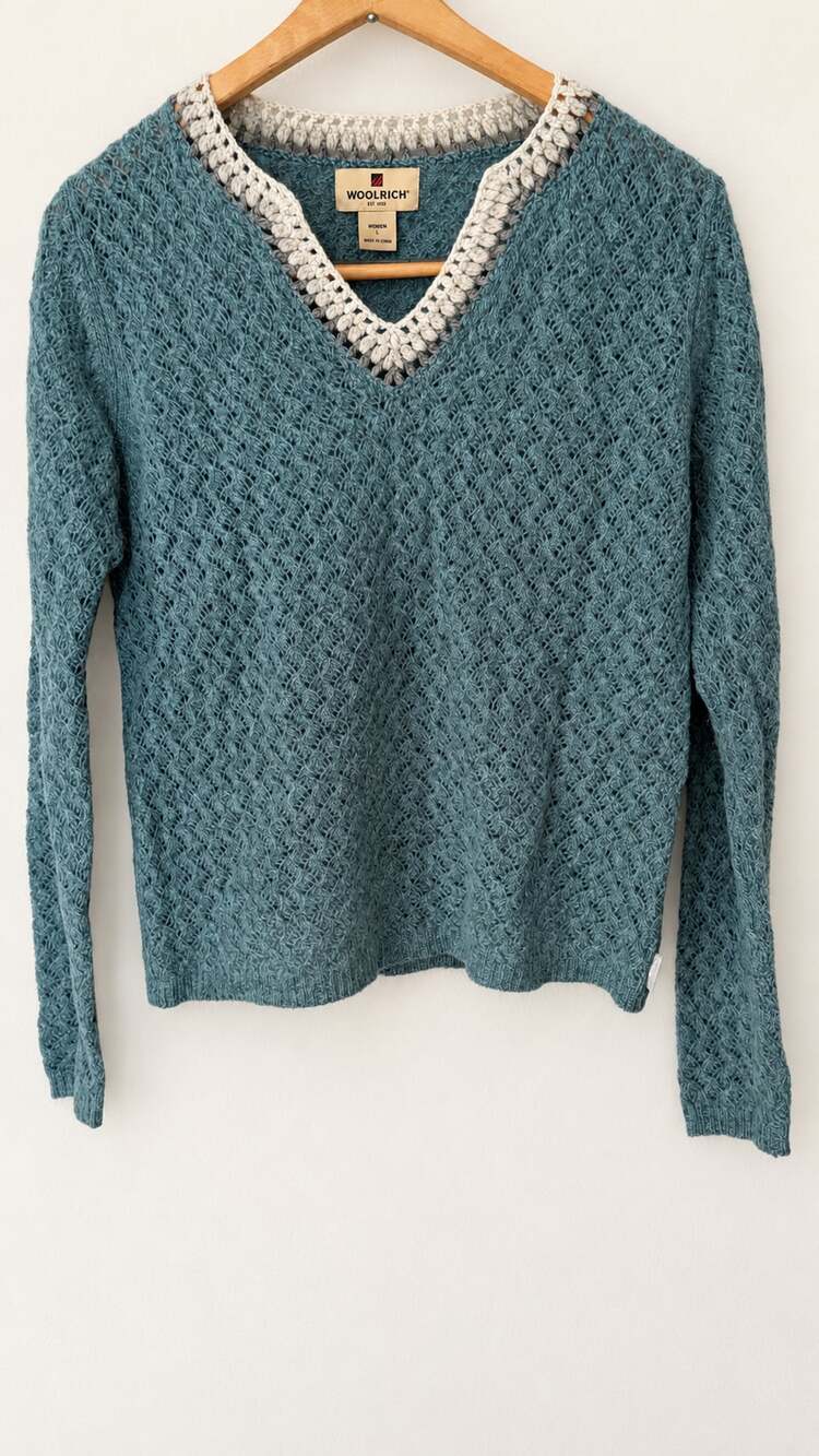 Y2K Vintage Woolrich Crochet V-Neck Long Sleeve Sweater Size S Teal